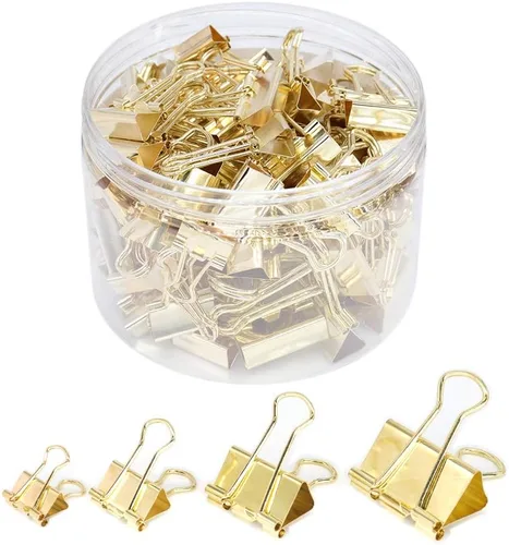 Abrazaderas de papel con clip para carpeta, varios tamaños (Mini, pequeño, mediano, grande), 100 clips para suministros escolares de oficina (dorado)