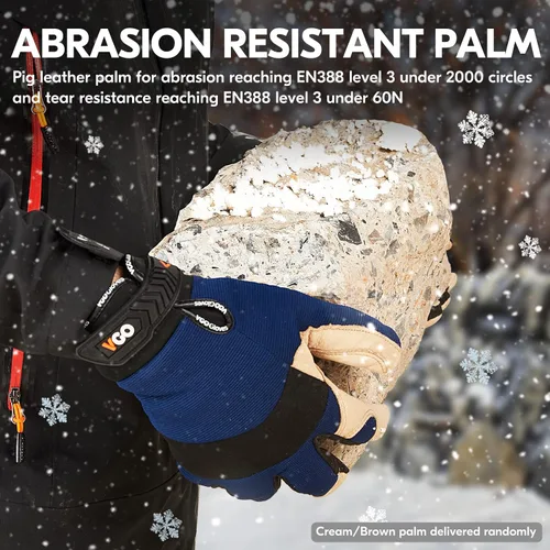 Miniatura 5 de Vgo... 1 par de guantes de trabajo de seguridad de cuero de piel de cerdo con forro para 32℉ o superior, cálidos para invierno frío, almacenamiento