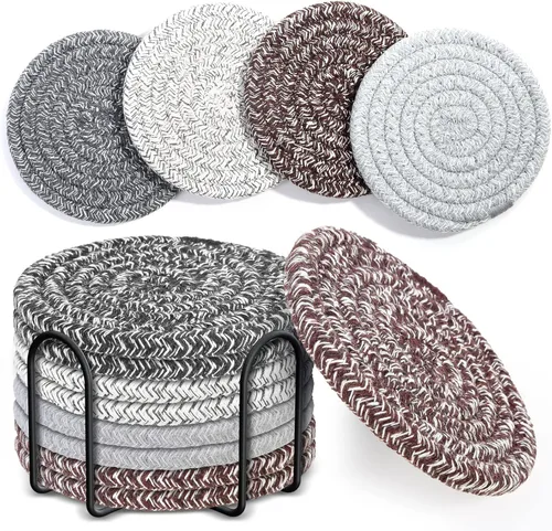 Mckanti 8 Piezas Posavasos para Bebidas con Soporte, Posavasos Absorbentes de 4 Colores para Bebidas, Juego de Posavasos Minimalistas de Algodón