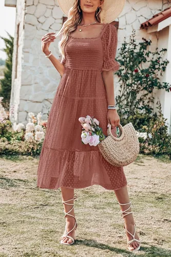 Miniatura 7 de MEROKEETY - Vestido de verano con lunares suizos para mujer vestido midi con cuello cuadrado, mangas abombadas, volados, lazo en la espalda