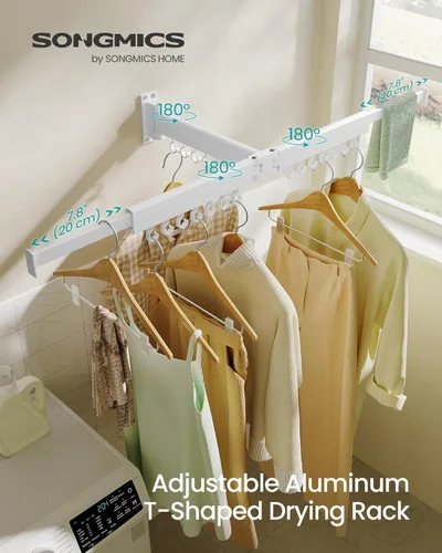 Miniatura 2 de SONGMICS Tendedero para Secar Ropa, Tendedero de Lavandería Montado en la Pared, Extensible, Brazos Plegables, con 21 Ganchos Deslizantes Blanco Nube