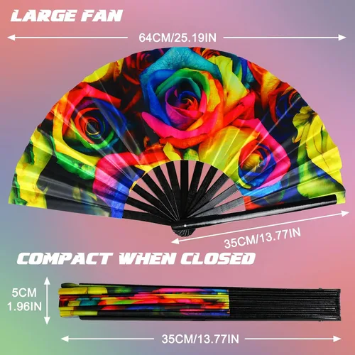 Miniatura 3 de Ventilador plegable grande, ventilador de mano de bambú de 13 pulgadas con tinta reactiva UV, ventilador chino plegable Clark para festivales, Drag