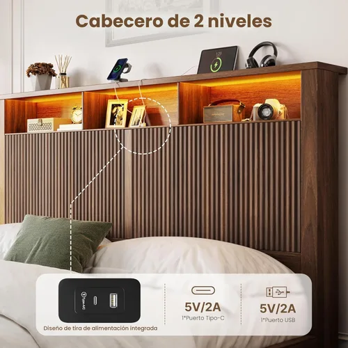 Miniatura 3 de CypBed Base de cama de tamaño matrimonial con cabecera y cajón de almacenamiento, marco de cama matrimonial con luz LED y puerto de carga, diseño