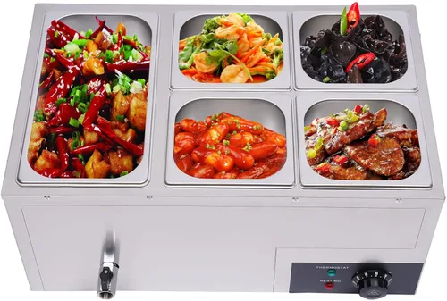 Miniatura 12 de Bain Marie Buffet - Mesa de vapor eléctrica de 4 bandejas de 850 W, calentador de alimentos con tapas, acero inoxidable, comercial, capacidad