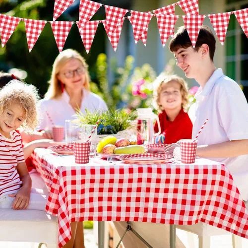 Miniatura 5 de Buryeah 205 piezas de suministros de fiesta rojos y blancos para 25 invitados, mantel a cuadros a cuadros, banderines de papel, platos, servilletas