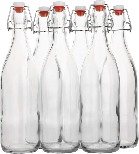 Botella de vidrio abatible [1 litro / 33 onzas líquidas] [Paquete de 6] – Elaboración de cerveza oscilante con tapón para bebidas, aceite, vinagre,