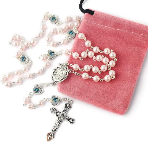 Miniatura 5 de HanlinCC Cuentas de perlas de vidrio con corazón epoxi milagroso collar de rosario en bolsa de regalo de terciopelo con tarjeta de oración