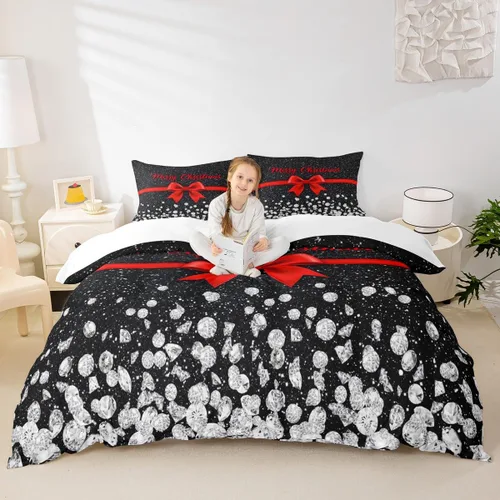 Miniatura 52 de Juego de funda de edredón para niños con diseño de Navidad, tamaño individual, camiones rojos y árboles de pino con copos de nieve, decoración