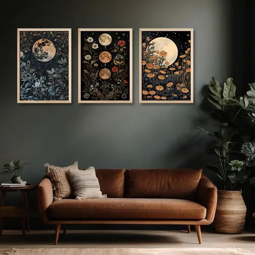 Miniatura 4 de 3 piezas enmarcadas de plantas de fase lunar en lienzo, arte de pared retro con diseño de flores de luna, impresión de póster con imagen celestial