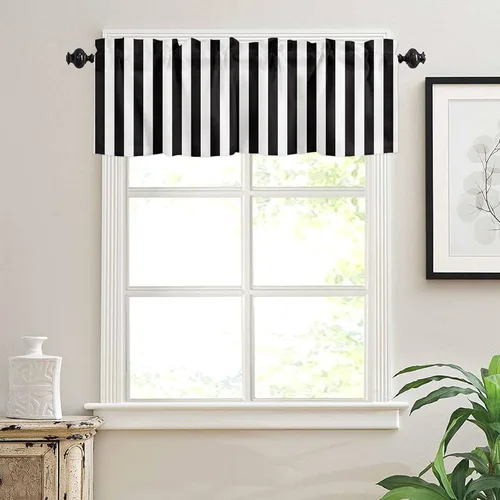 Miniatura 3 de Cortinas de cenefa con amarre para ventanas, cenefa corta, cortinas de ventana pequeña, baño, sala de estar y cocina, rayas blancas y negras de 60 x