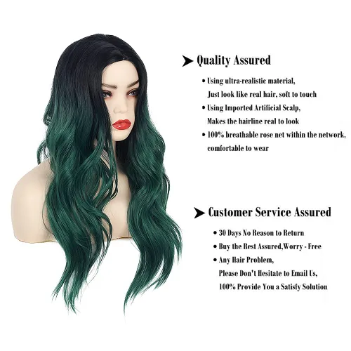 Miniatura 4 de Peluca larga y rizada ondulada, color negro y verde, peluca sintética natural con raya en medio para cosplay, pelucas de pelo para mujeres