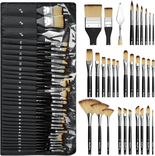Nicpro Juego de 30 pinceles de pintura, pinceles profesionales con espátula de pintura y rollo de tela, pinceles de pintura para acrílico, óleo,