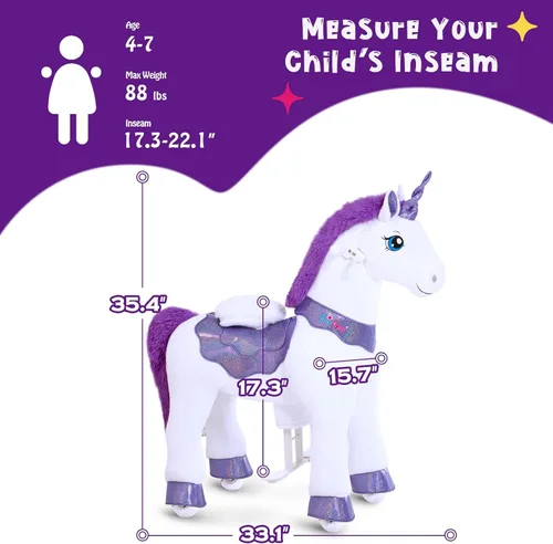 Miniatura 6 de PonyCycle Unicornio de Montar para Niños de 4-7 años con Freno, Regalos de Unicornio para Niñas (35.4" de Altura/Talla 4) Felpa Interactiva de Morado