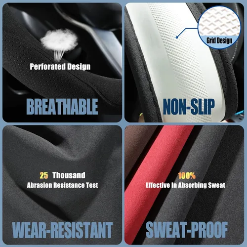 Miniatura 3 de Funda para volante de gamuza negra, transpirable, antideslizante, a prueba de sudor, resistente al desgaste, sin pelusas, cálida en invierno y Negro