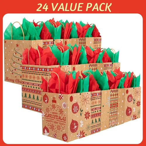 Miniatura 4 de 24 bolsas de regalo de papel kraft de Navidad con 24 papeles de seda, bolsas de dulces navideños de 7 x 8.6 x 3 pulgadas con asas, bolsas de dulces