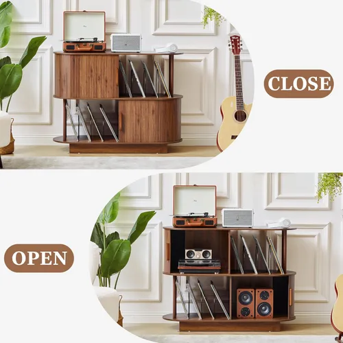 Miniatura 5 de Armario de almacenamiento para tocadiscos de vinilo de 40 pulgadas, mesa giratoria moderna de mediados de siglo con puerta corredera, estante