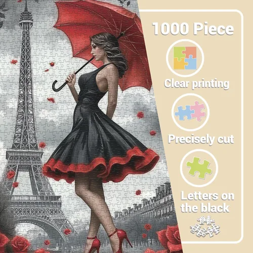 Miniatura 4 de Rompecabezas de 1000 piezas con diseño de flores de París, mujer con paraguas para adultos, rompecabezas de la Torre Eiffel, rompecabezas