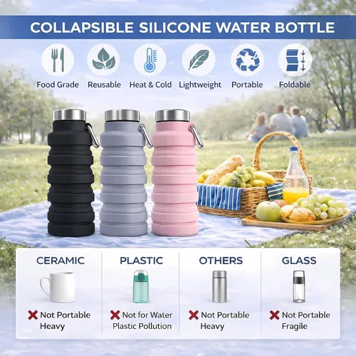 Miniatura 3 de Botella de agua plegable, capacidad de 16 onzas, portátil, reutilizable, de silicona, a prueba de fugas, con hebilla, almacenamiento plegable
