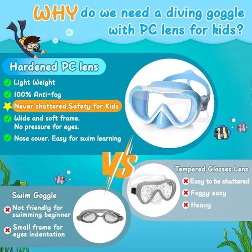 Miniatura 5 de Máscara de natación para niños, máscara de buceo de esnórquel de 180°, gafas de natación antivaho para niños con cubierta para la nariz, gafas