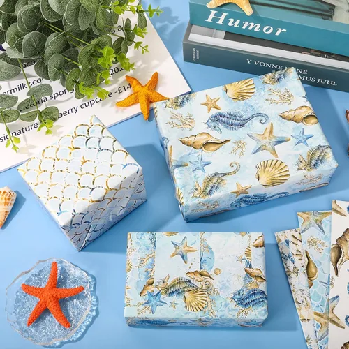 Miniatura 4 de AnyDesign 12 hojas de papel de regalo de animales marinos, acuarela, caballito de mar, coral, papel de regalo plegado a granel, papeles planos