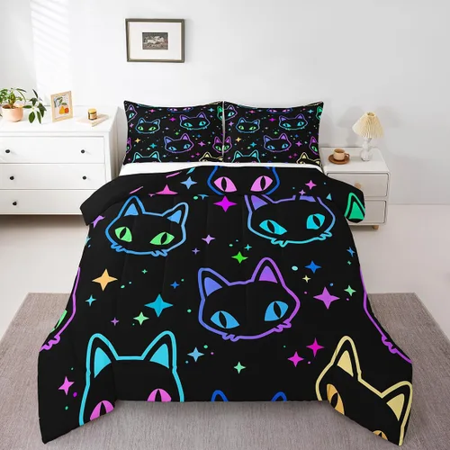 Miniatura 17 de Erosebridal Lindo juego de edredón de gato, tamaño individual, kawaii, fresa, juego de ropa de cama para niñas, diseño de arco iris, edredón rosa