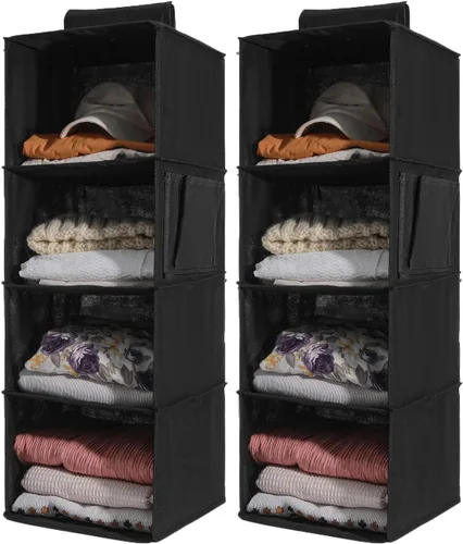 Paquete de 2 organizadores colgantes para armario, estantes colgantes de 4 niveles para armario con inserciones de bambú resistentes, color negro