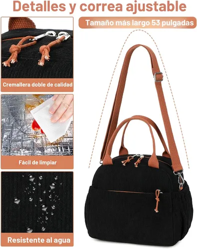 Miniatura 5 de Bluboon Bolsa de almuerzo para mujer, bonita bolsa de almuerzo de pana con correa para el hombro, reutilizable, aislada, gran capacidad