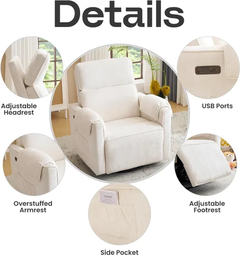 Miniatura 5 de Chenille Rocking Chair Nursery with Adjustable Headrest, 24" Extra Wide Swivel Rocker Recliner with Overstuffed Armrest, Oversized Power Rocker