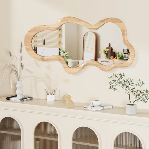 Miniatura 15 de Espejo de pared irregular de 30 x 14 pulgadas, espejo de pared con marco negro de madera asimétrico ondulado para sala de estar, dormitorio