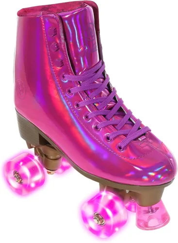 Miniatura 6 de JajaHoho Patines de ruedas para mujer, piel sintética holográfica magenta de alta calidad, patines de doble fila brillantes con cuatro ruedas rosa