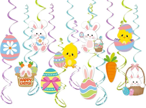 Decoraciones para fiesta de Pascua con serpentinas de huevo-conejo - 16 piezas de lindos remolinos colgantes para techo, regalos y suministros para