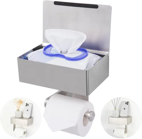 Miniatura 7 de Soporte de papel higiénico adhesivo con estante y almacenamiento, juego de soporte de rollo de papel higiénico montado en la pared y dispensador