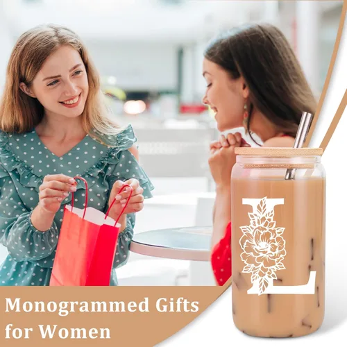 Miniatura 3 de Taza de Vidrio Inicial Coolife, Regalos Personalizados para Mujeres, Tazas de Vidrio de 16 oz con Tapas y Popotes, Vaso para Café Helado, Licuado