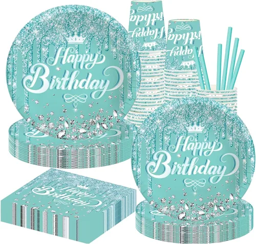 Vajilla de fiesta verde azulado y plateado, paquete completo para cumpleaños, fiesta de baby shower, incluye platos, vasos, servilletas, pajitas