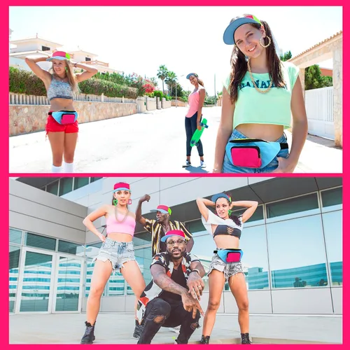 Miniatura 4 de YAROMO Disfraz de hip hop para mujer, traje de los años 80 y 90, riñonera de neón, gorro, bolsa de cintura ajustable, pulsera, aretes para fiesta