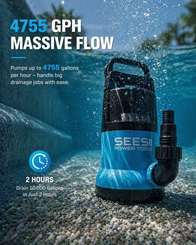 Miniatura 2 de SEESII Bomba de agua sumergible 1HP, bomba de sumidero de alto flujo de 4755 GPH con kit de manguera de 23 pies, red de filtro antiobstrucción