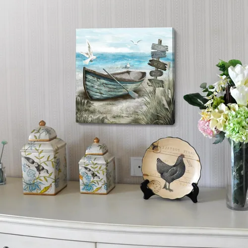Miniatura 6 de Arte de pared para baño, decoración costera, barco náutico en la playa, lienzo con imagen de gaviota del océano, paisaje marino, arte de granja