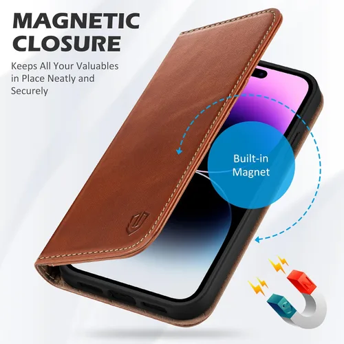 Miniatura 7 de SHIELDON Funda para iPhone 14 Pro Max 5G, funda de piel auténtica tipo cartera con función atril y bloqueo RFID, magnética, a prueba de golpes