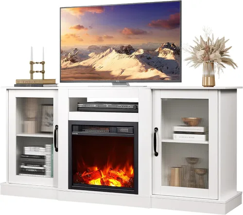 Miniatura 10 de WLIVE Soporte de TV con chimenea para TV de 65 pulgadas, centro de entretenimiento con chimenea eléctrica de llama realista 3D, consola de TV