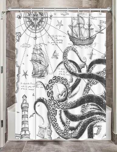 Miniatura 15 de Octopus Decor - Cortina de ducha para caravana, remolque, baño, divertido juego de cortinas de ducha pequeñas y estrechas de tela en blanco y negro