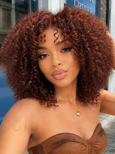 Miniatura 17 de KLAIYI Bye Bye Slip™ - Pelucas de cabello humano con encaje frontal 7x5, color marrón castaño degradado, rizado, sin pegamento, precortadas de 7 x