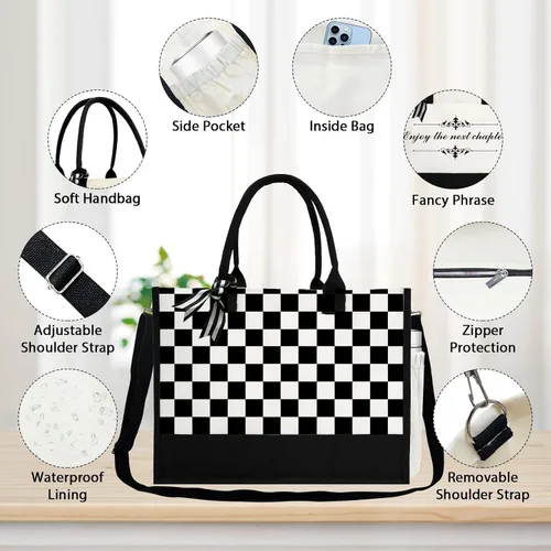 Miniatura 2 de Phrase Canvas Beach Bag,Zipper and Slide Pockets,Stylish Canvas Bag Shoulder Strap and Bottom Support, Office Handbag