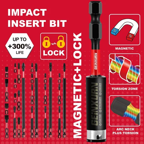Miniatura 5 de GEINXURN Impact Tough - Juego de 23 brocas magnéticas mezcladas para destornillador, juego de puntas de destornillador de acero de aleación S2 con 1