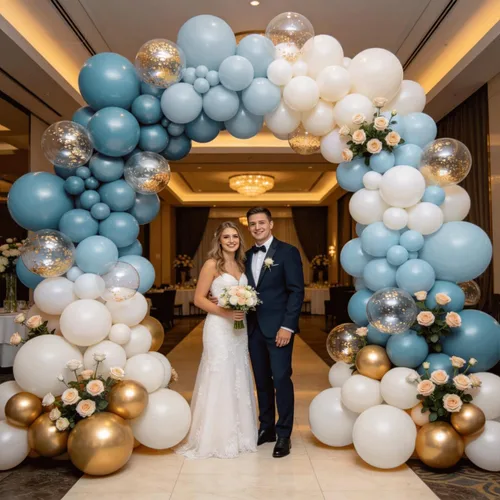 Miniatura 6 de Dusty Blue Balloon Arch Kit， Baby Blue and gold Balloon Sand White Confetti Gold Balloons for Baby Shower Beach Party Birthday Wedding Decorations