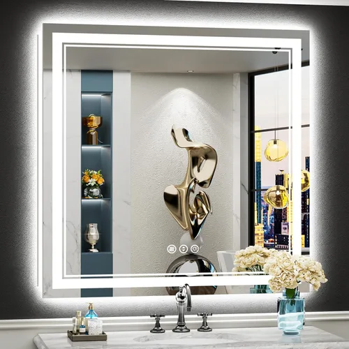 Miniatura 67 de 30x36 Espejo de baño LED con luces, retroiluminado y luz frontal, espejo de tocador iluminado antivaho para pared de baño, 3 colores, regulable