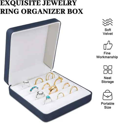 Miniatura 4 de Caja organizadora de anillos de joyería, pequeña caja de joyería de viaje, estuche portátil de almacenamiento de anillos, caja de soporte de bandeja
