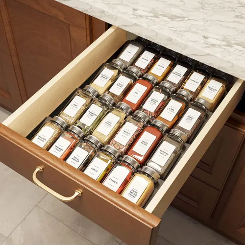 SpaceAid Organizador de cajón de especias con 24 frascos de especias, 378 etiquetas blancas minimalistas para especias, inserto de bandeja de