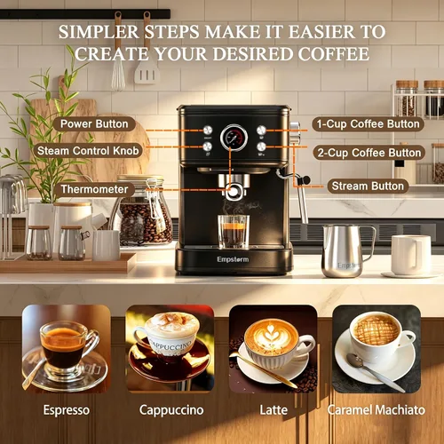 Miniatura 2 de Empstorm Máquina de Espresso de 20 Bar con Espumador de Leche al Vapor, Cafetera de Espresso Compatible con Cápsulas Originales NS 2 EN 1, Máquina