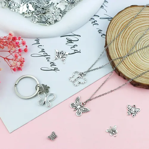 Miniatura 6 de JIALEEY Dijes de mariposa para hacer joyas y manualidades, 60 dijes de mariposa chapados en plata tibetana, aleación, Aleación.