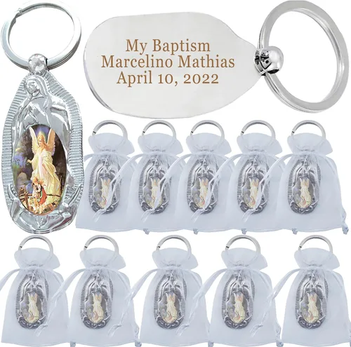 12 piezas personalizadas de bautismo de recuerdo de fiesta, llavero de metal de ángel de la guarda, regalo de bautizo para grabado de invitados